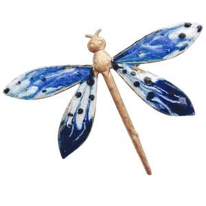 Vintage Enamel Dragonfly Brooch, Blue White Gold Tone Figural Insect Pin